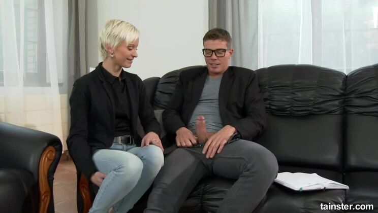 Blonde Tutor Shows Off Her Deepthroat Skills